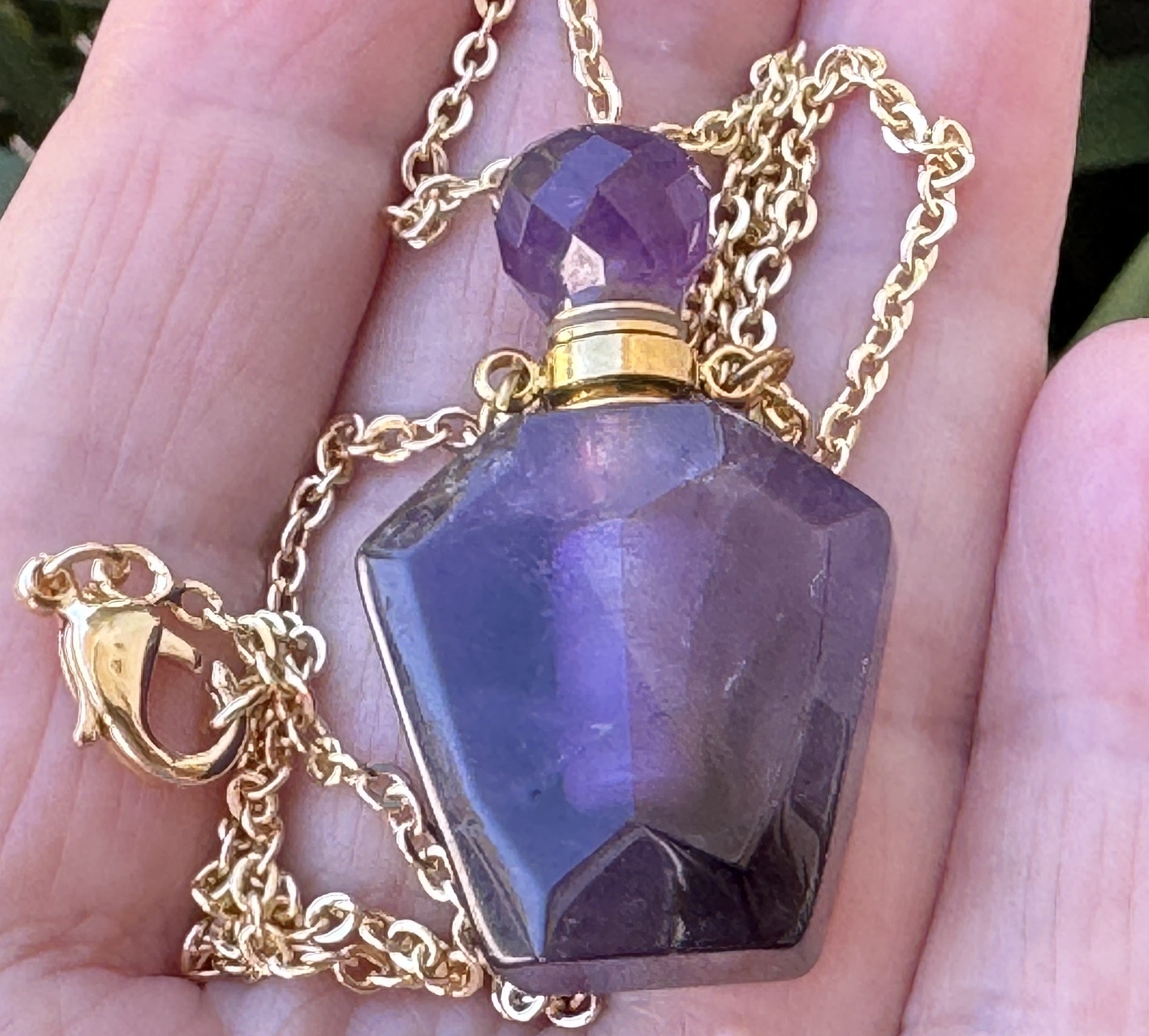 Amethyst Perfume Bottle Necklace, natural gemstone 38mm crystal pendant on chain - Oz Beads 