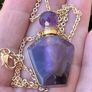 Amethyst Perfume Bottle Necklace, natural gemstone 38mm crystal pendant on chain - Oz Beads 