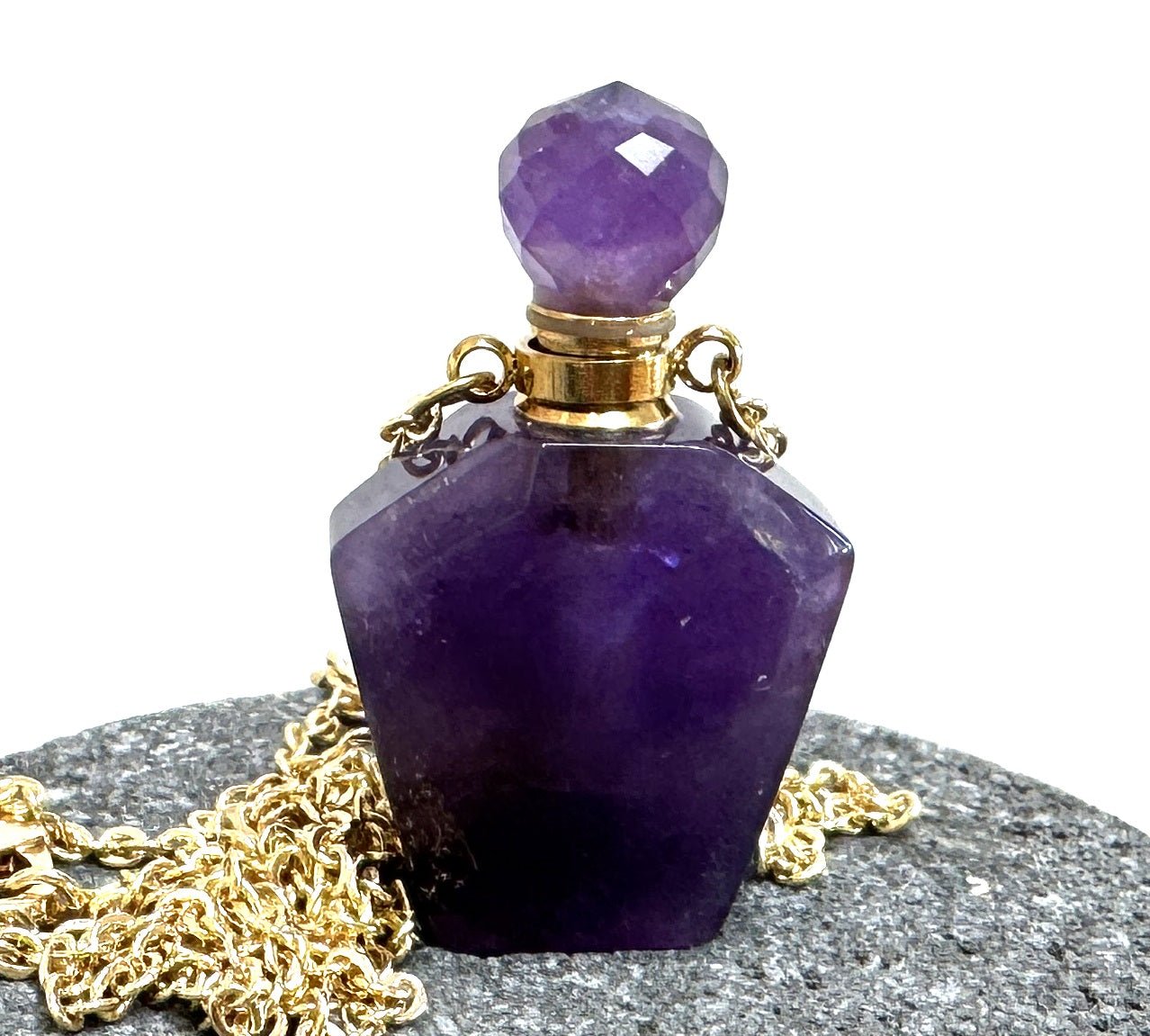 Amethyst Perfume Bottle Necklace, natural gemstone 38mm crystal pendant on chain - Oz Beads 
