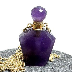 Amethyst Perfume Bottle Necklace, natural gemstone 38mm crystal pendant on chain - Oz Beads 