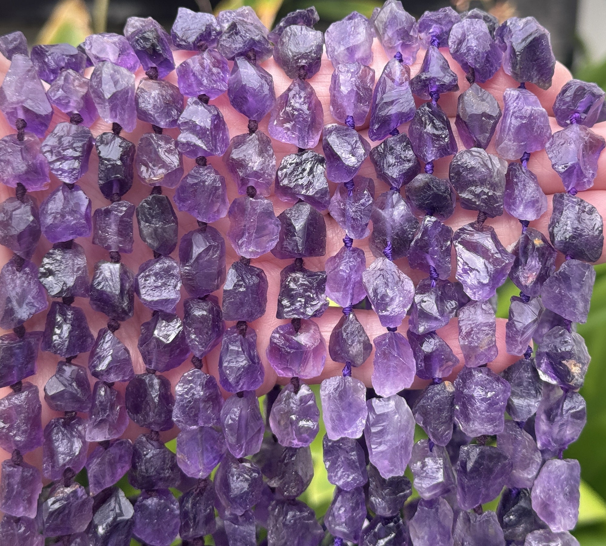 Amethyst raw rough nuggets center drilled natural rock crystal beads 16" strand - Oz Beads 