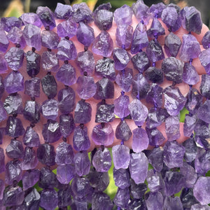 Amethyst raw rough nuggets center drilled natural rock crystal beads 16" strand - Oz Beads 