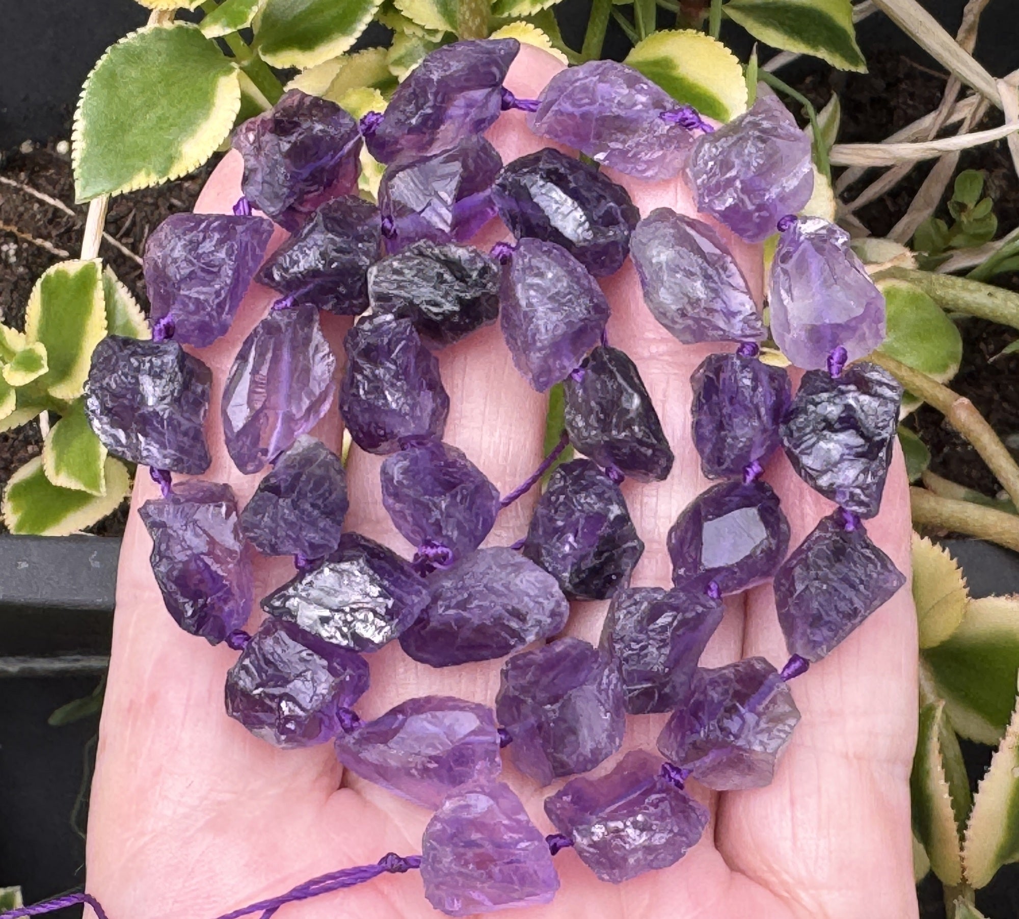 Amethyst raw rough nuggets center drilled natural rock crystal beads 16" strand - Oz Beads 