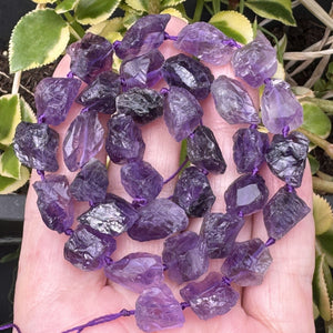 Amethyst raw rough nuggets center drilled natural rock crystal beads 16" strand - Oz Beads 