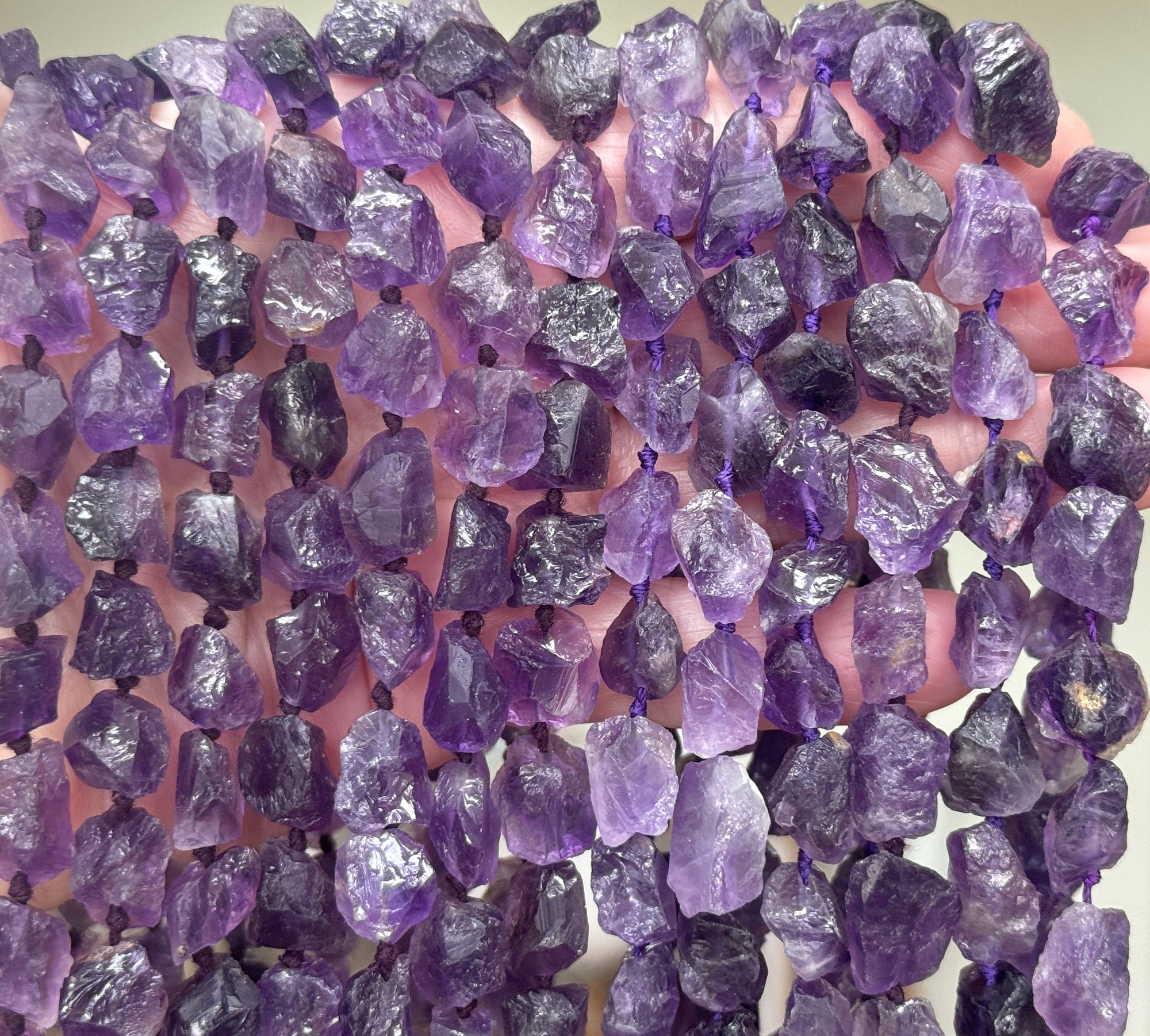 Amethyst raw rough nuggets center drilled natural rock crystal beads 16" strand - Oz Beads 