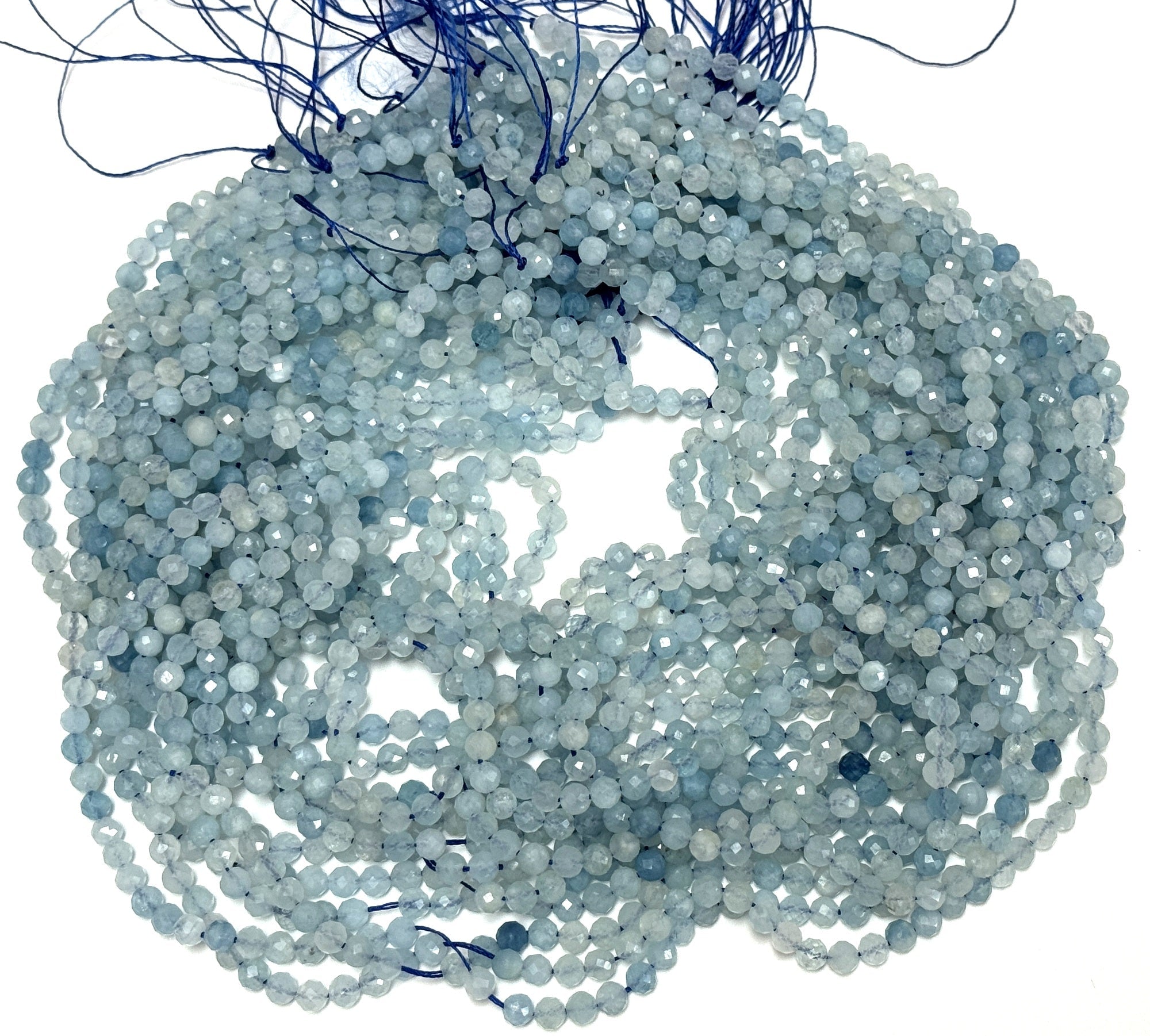 Aquamarine 3mm 4mm faceted round natural gemstone beads 15.5" strand - Oz Beads 