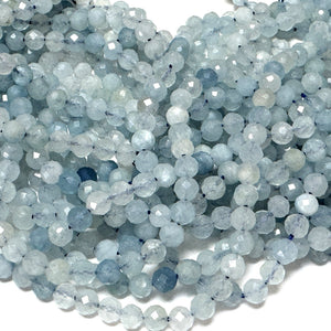 Aquamarine 3mm 4mm faceted round natural gemstone beads 15.5" strand - Oz Beads 