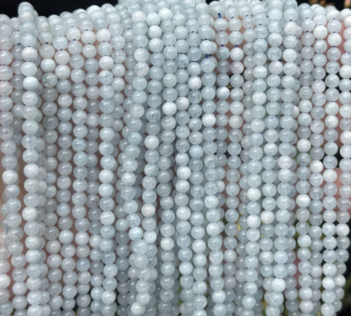 Aquamarine 4mm round polished natural gemstone beads 16" strand - Oz Beads 