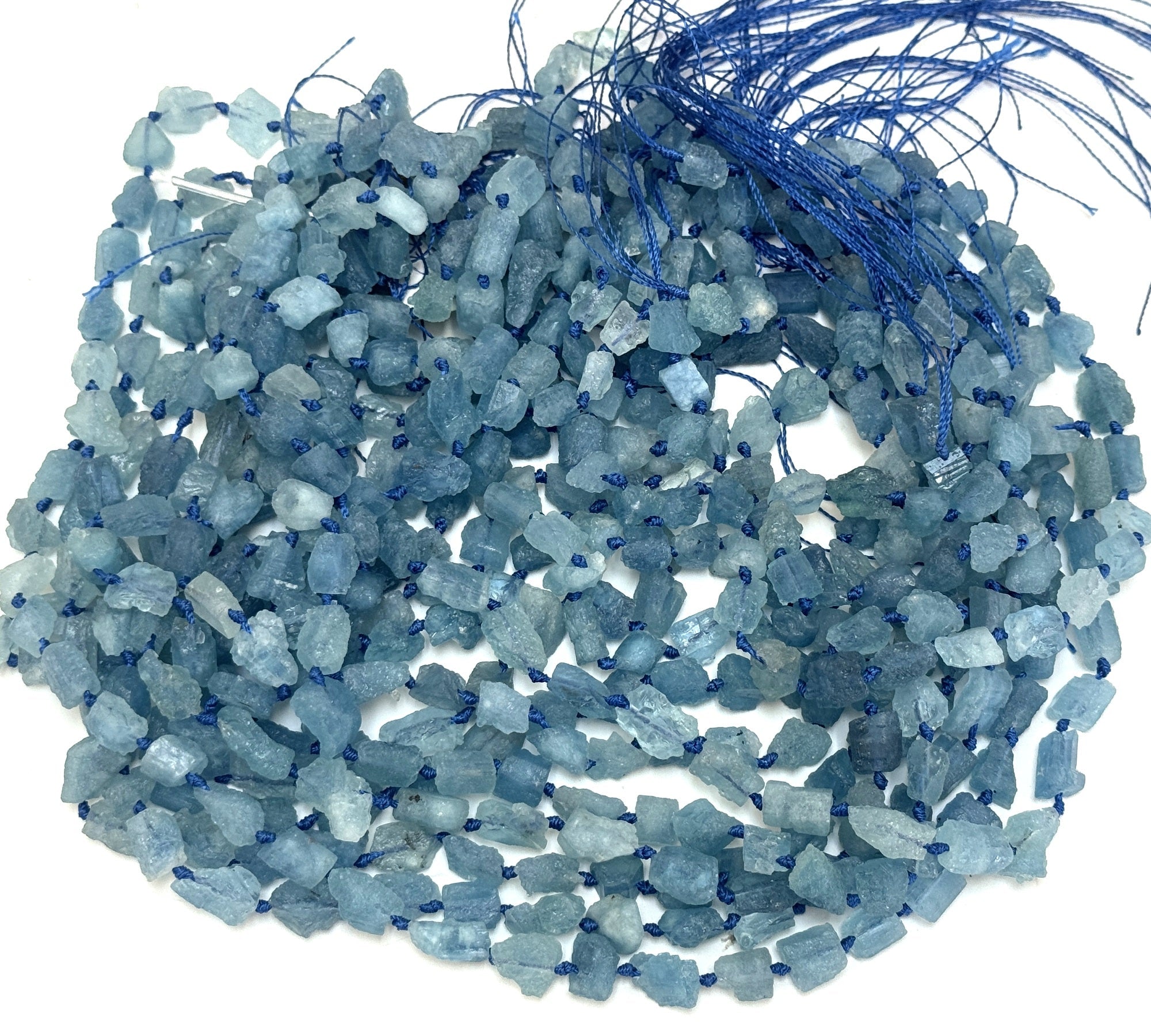 Aquamarine 7-10mm raw rough nuggets center drilled natural gemstone beads 15" strand - Oz Beads 