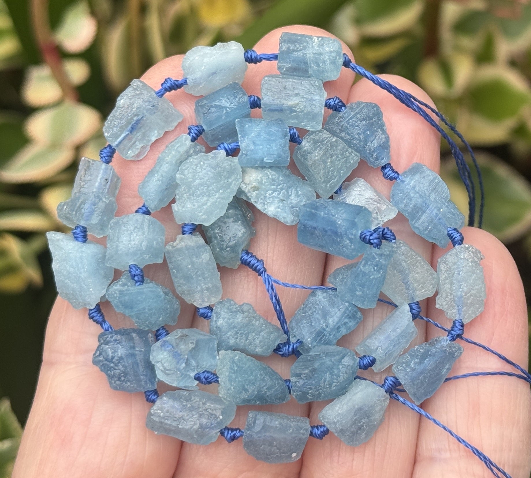 Aquamarine 7-10mm raw rough nuggets center drilled natural gemstone beads 15" strand - Oz Beads 