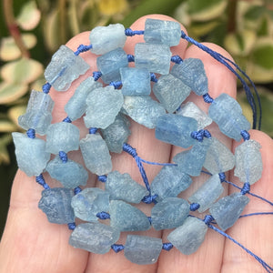 Aquamarine 7-10mm raw rough nuggets center drilled natural gemstone beads 15" strand - Oz Beads 