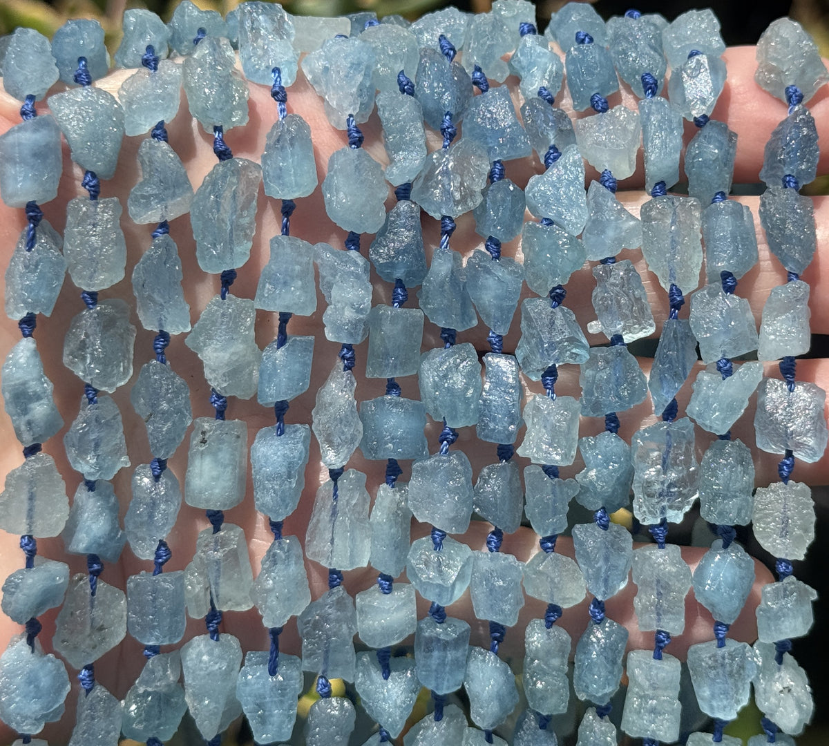 Aquamarine 7-10mm raw rough nuggets center drilled natural gemstone beads 15" strand - Oz Beads 