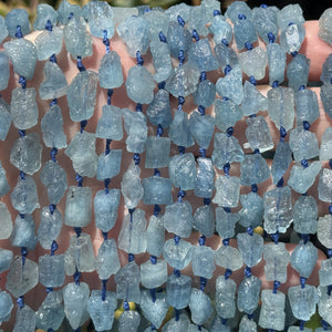 Aquamarine 7-10mm raw rough nuggets center drilled natural gemstone beads 15" strand - Oz Beads 