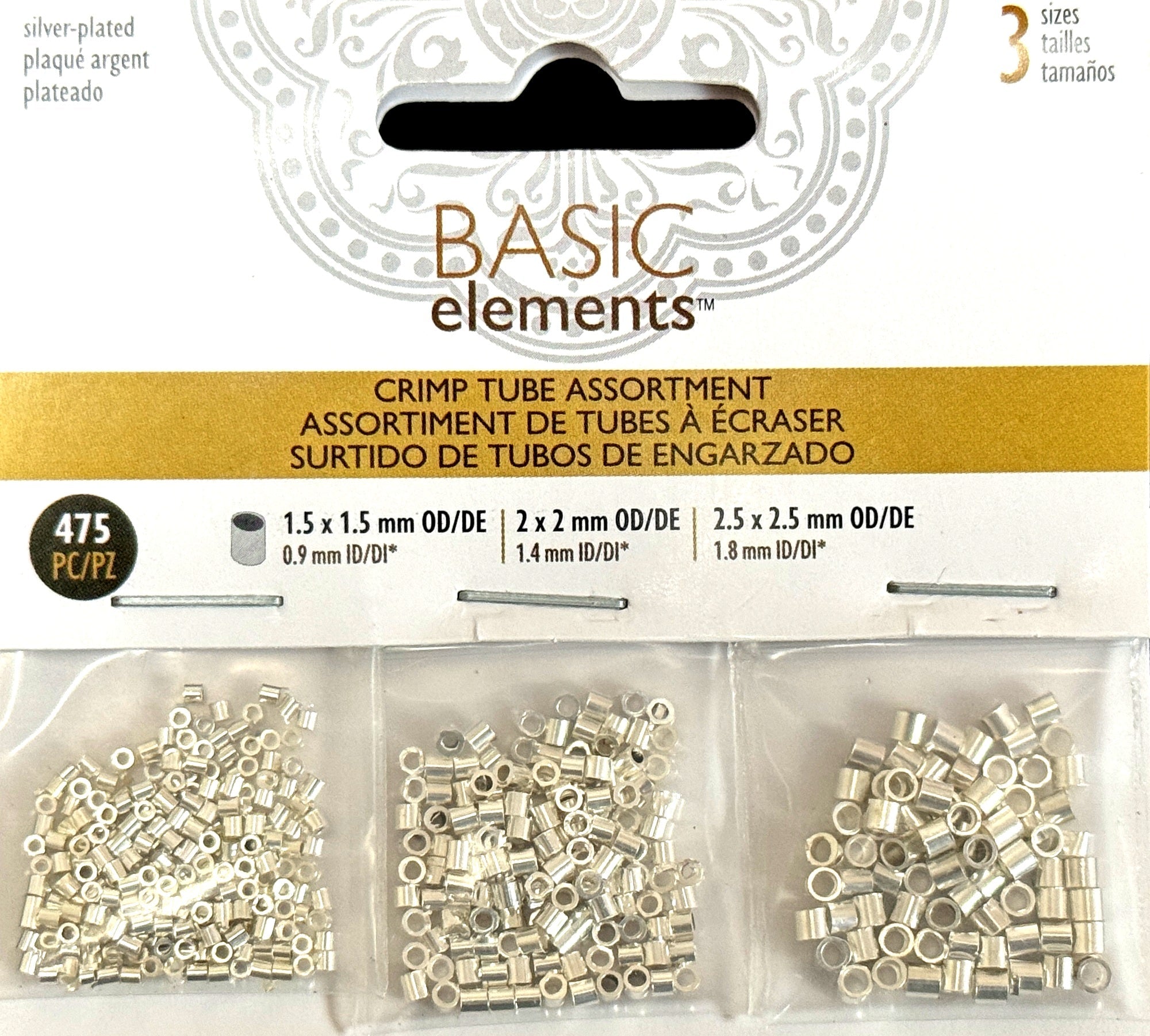 Beadsmith Basic Elements Tube Crimp Assortment Pack, 3 sizes, silver plated, 475 pcs - Oz Beads 