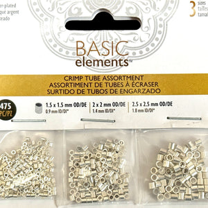 Beadsmith Basic Elements Tube Crimp Assortment Pack, 3 sizes, silver plated, 475 pcs - Oz Beads 