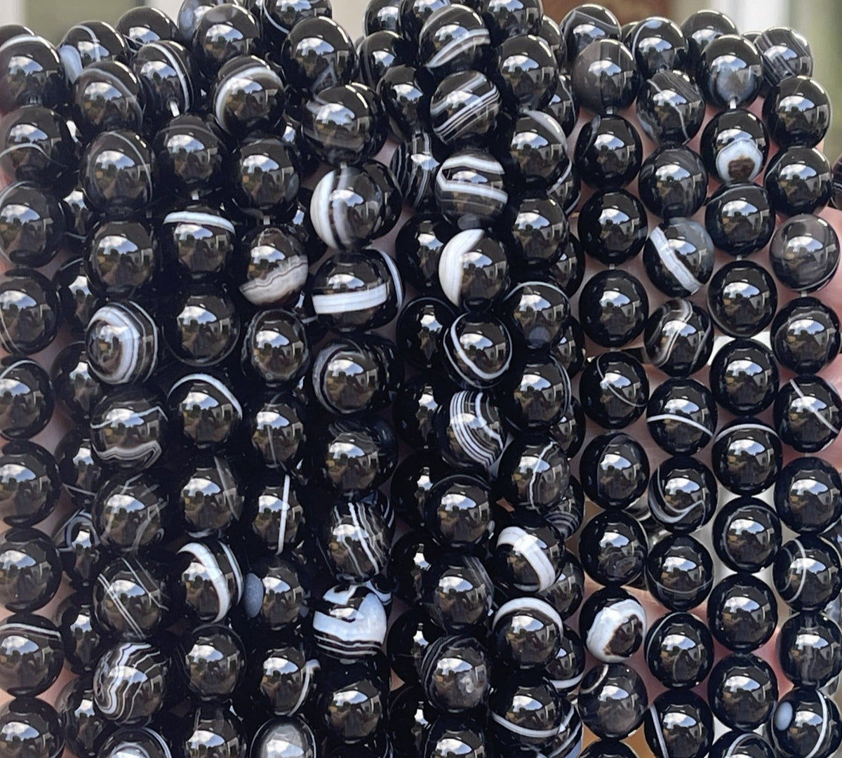 Black Banded Agate 10mm round gemstone beads 15.5" strand - Oz Beads 