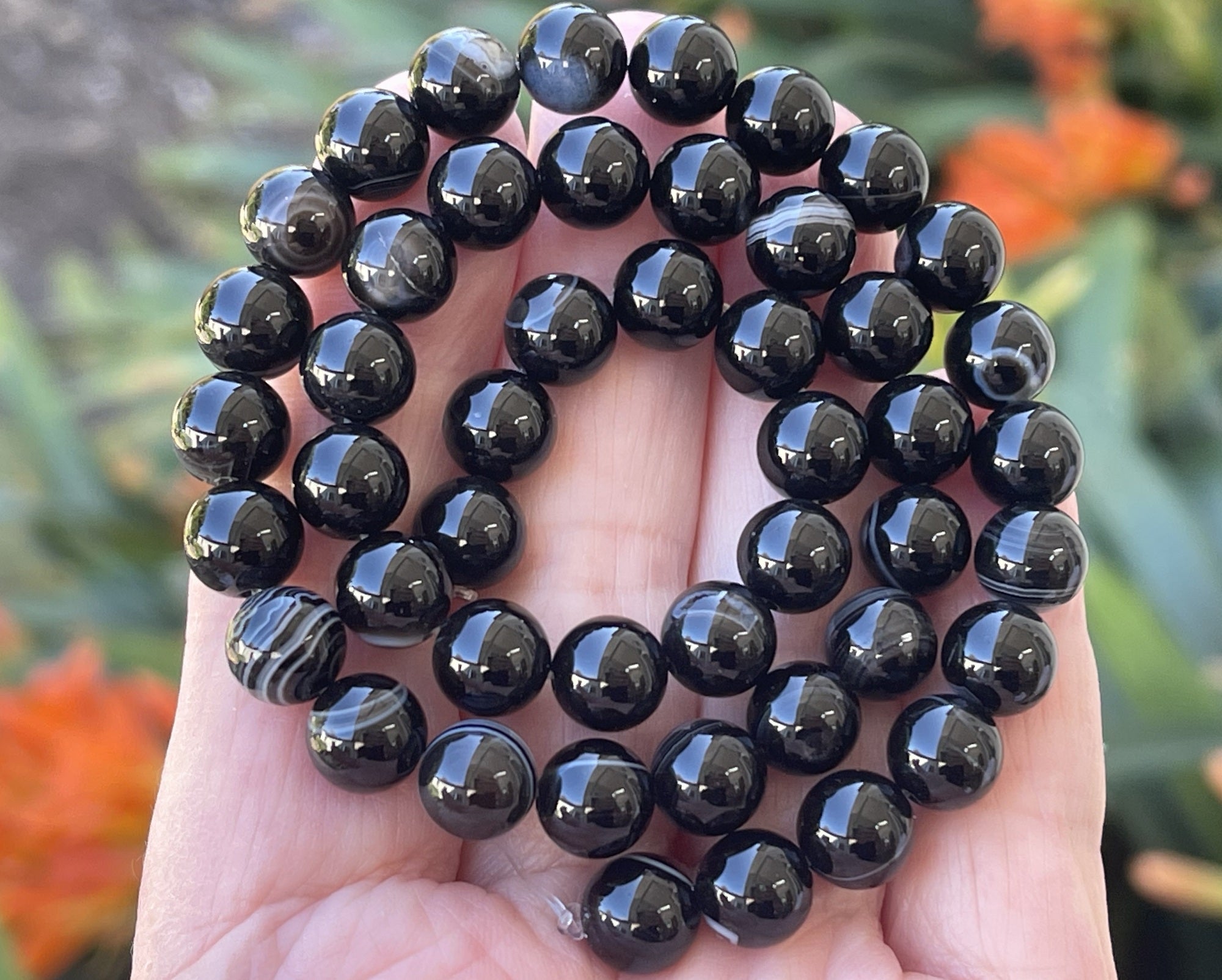 Black Banded Agate 8mm round gemstone beads 15" strand - Oz Beads 