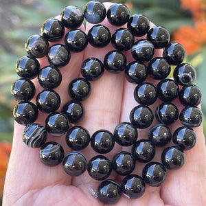 Black Banded Agate 8mm round gemstone beads 15" strand - Oz Beads 