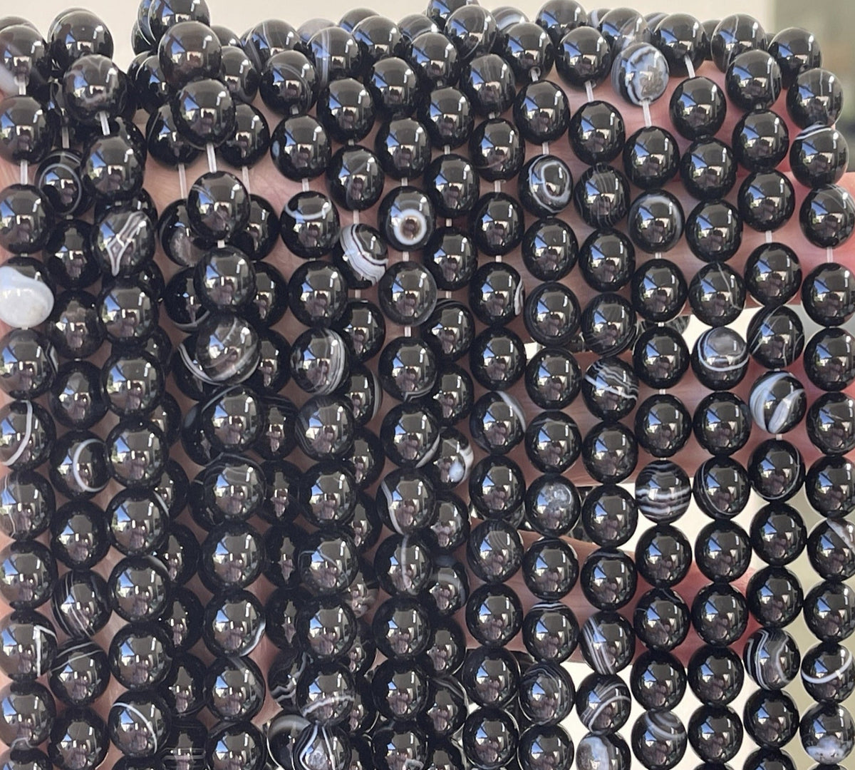Black Banded Agate 8mm round gemstone beads 15" strand - Oz Beads 