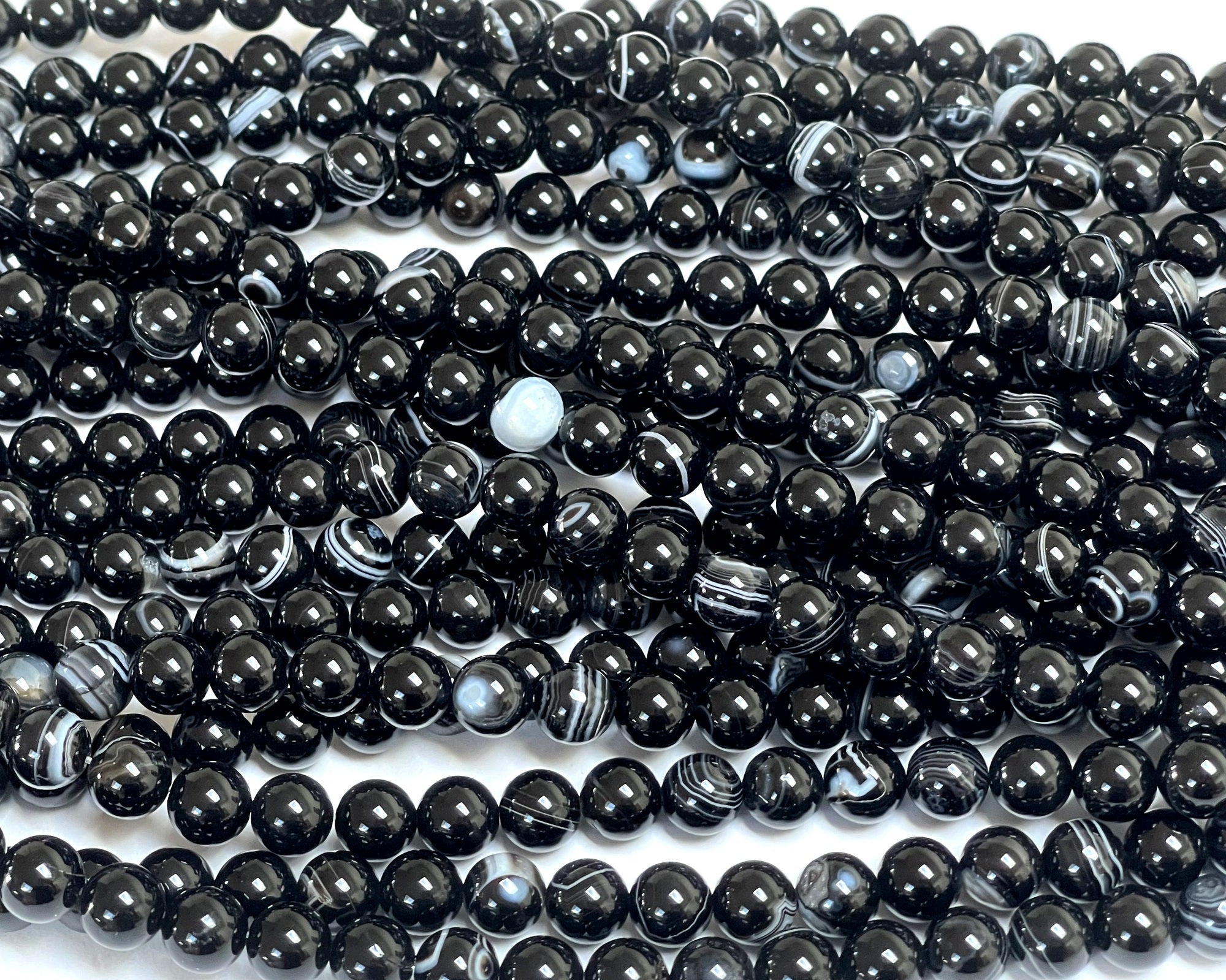 Black Banded Agate 8mm round gemstone beads 15" strand - Oz Beads 