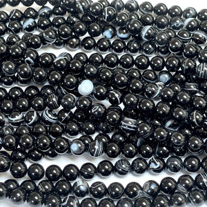 Black Banded Agate 8mm round gemstone beads 15" strand - Oz Beads 