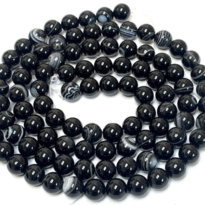 Black Banded Agate 8mm round gemstone beads 15" strand - Oz Beads 