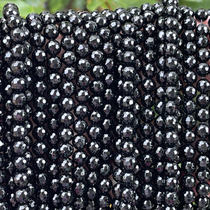 Black Onyx 6mm round micro faceted gemstone beads 15" strand - Oz Beads 