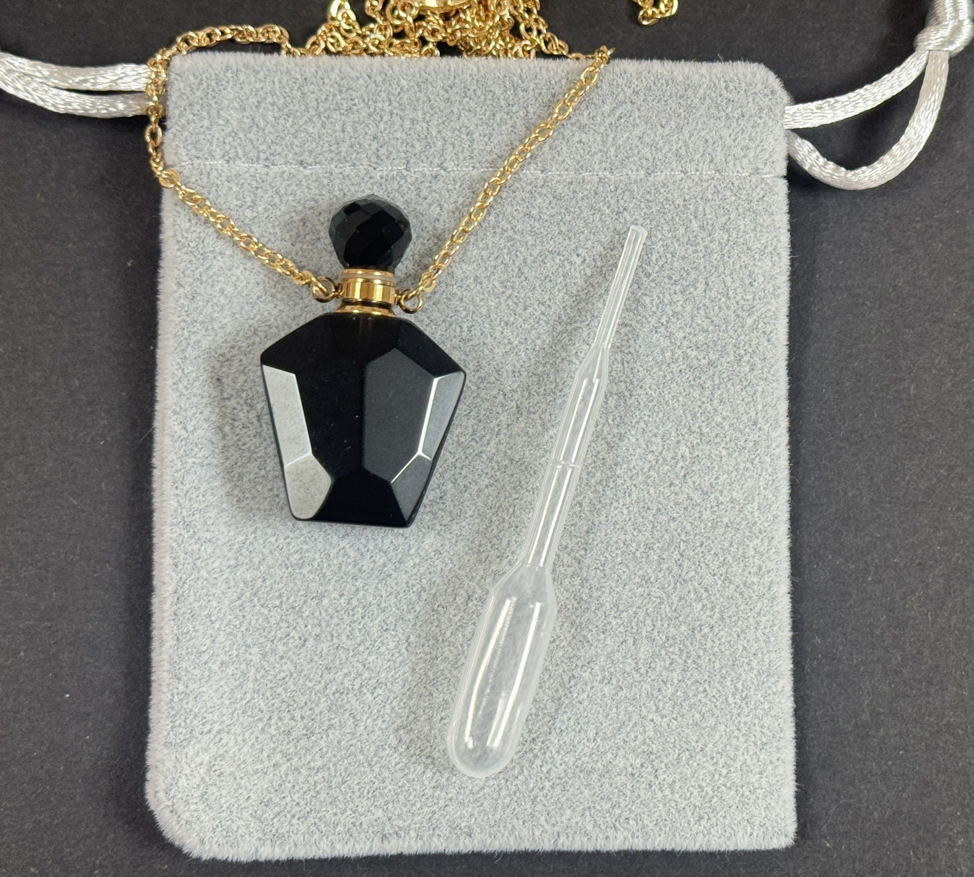 Black Onyx Perfume Bottle Necklace, natural gemstone 38mm crystal pendant on chain - Oz Beads 