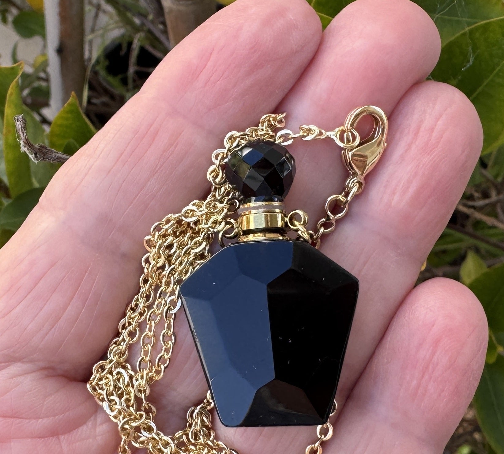 Black Onyx Perfume Bottle Necklace, natural gemstone 38mm crystal pendant on chain - Oz Beads 