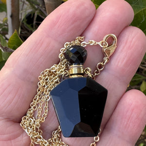 Black Onyx Perfume Bottle Necklace, natural gemstone 38mm crystal pendant on chain - Oz Beads 
