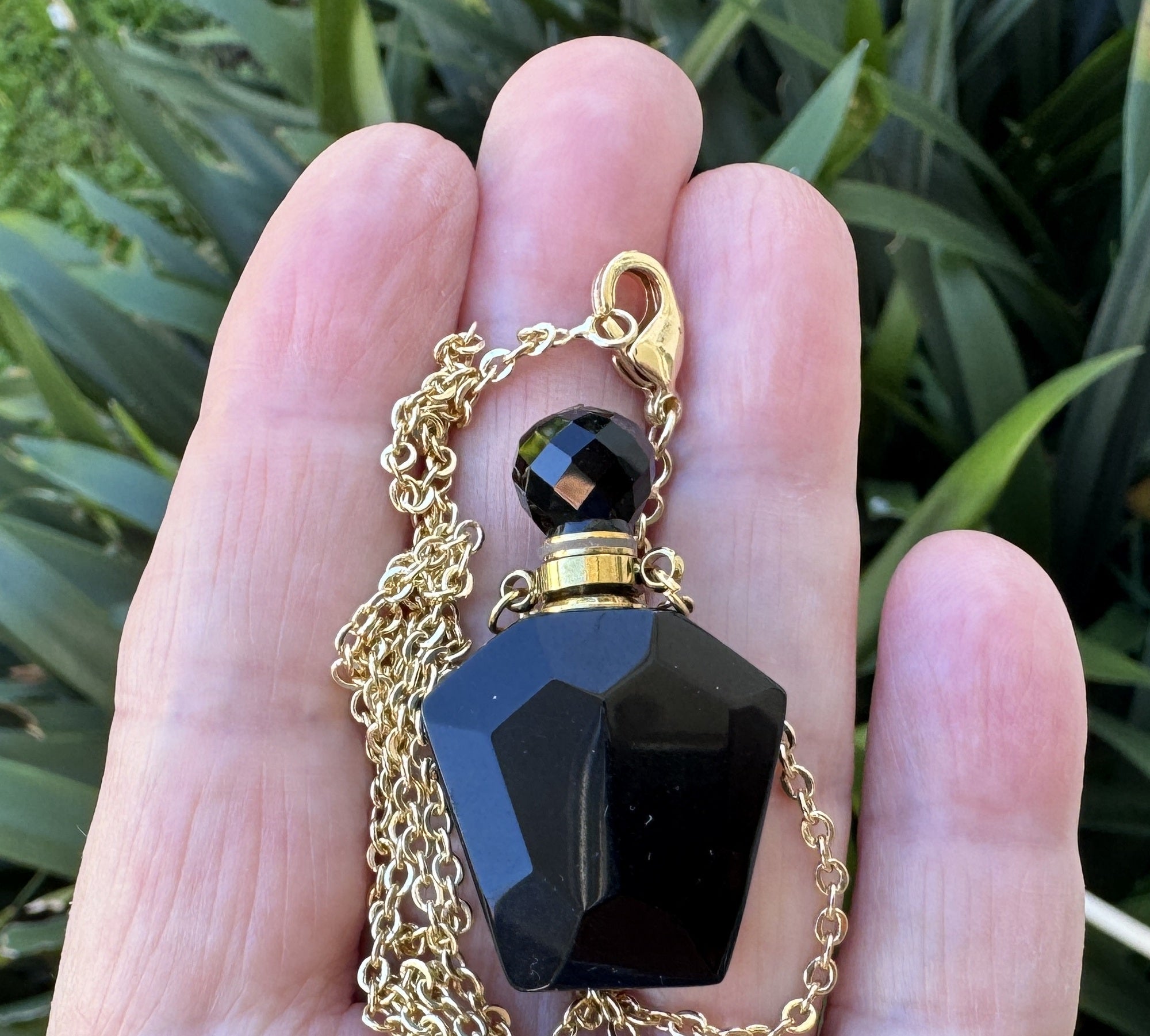 Black Onyx Perfume Bottle Necklace, natural gemstone 38mm crystal pendant on chain - Oz Beads 