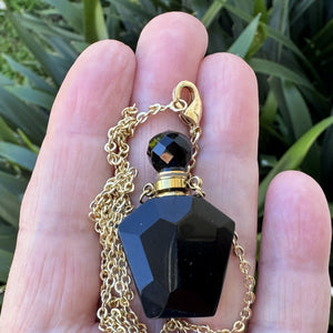 Black Onyx Perfume Bottle Necklace, natural gemstone 38mm crystal pendant on chain - Oz Beads 