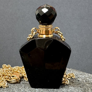 Black Onyx Perfume Bottle Necklace, natural gemstone 38mm crystal pendant on chain - Oz Beads 
