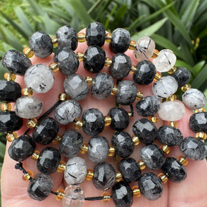 Black Rutilated Quartz 6x8mm faceted rondelle gemstone beads 38cm strand - Oz Beads