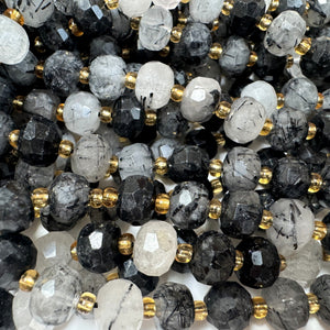 Black Rutilated Quartz 6x8mm faceted rondelle gemstone beads 38cm strand - Oz Beads