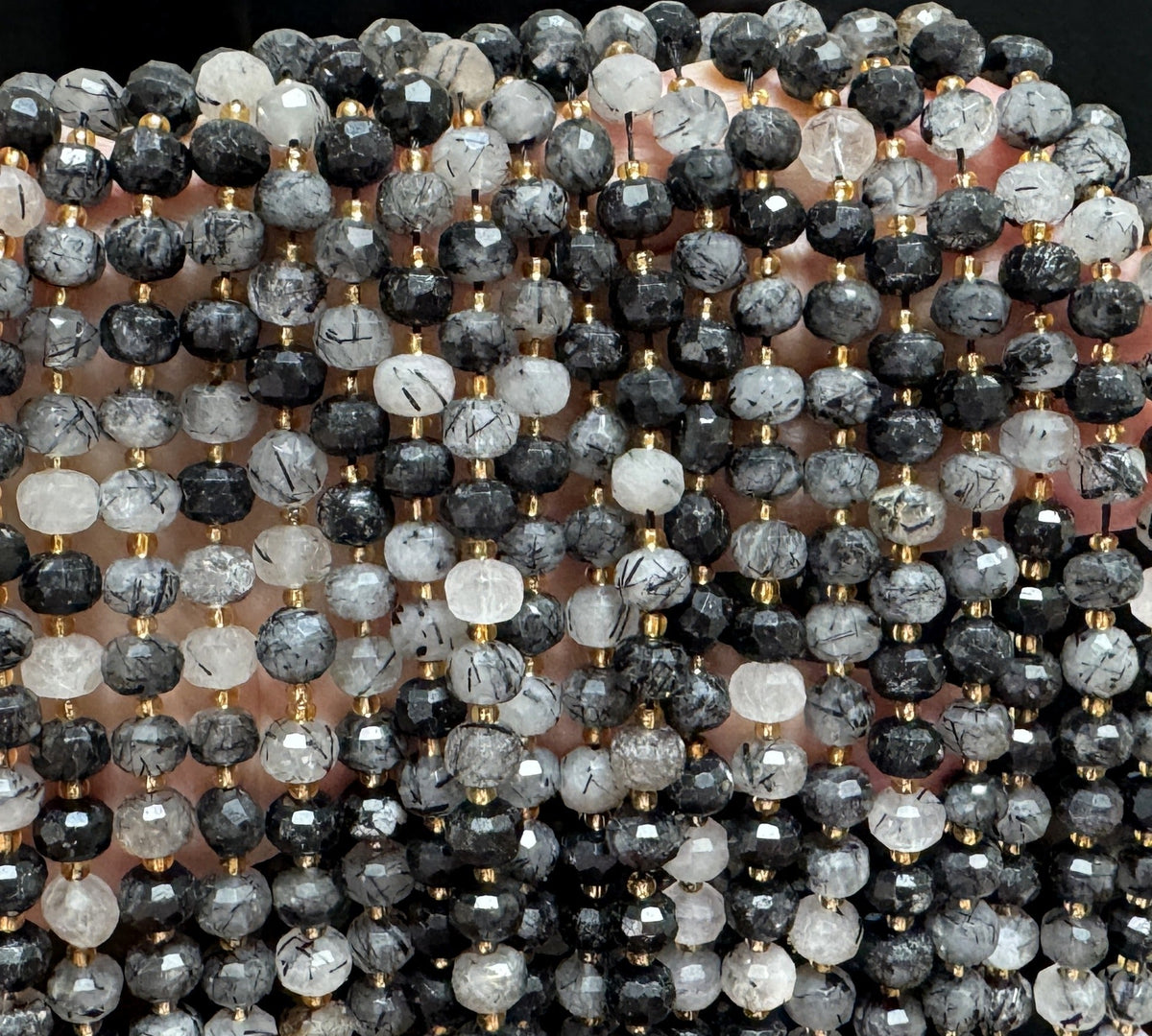 Black Rutilated Quartz 6x8mm faceted rondelle gemstone beads 38cm strand - Oz Beads