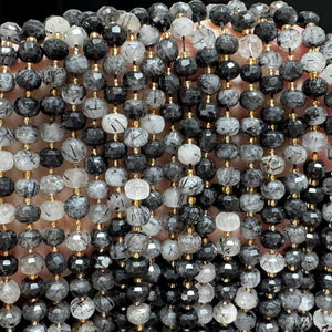Black Rutilated Quartz 6x8mm faceted rondelle gemstone beads 38cm strand - Oz Beads