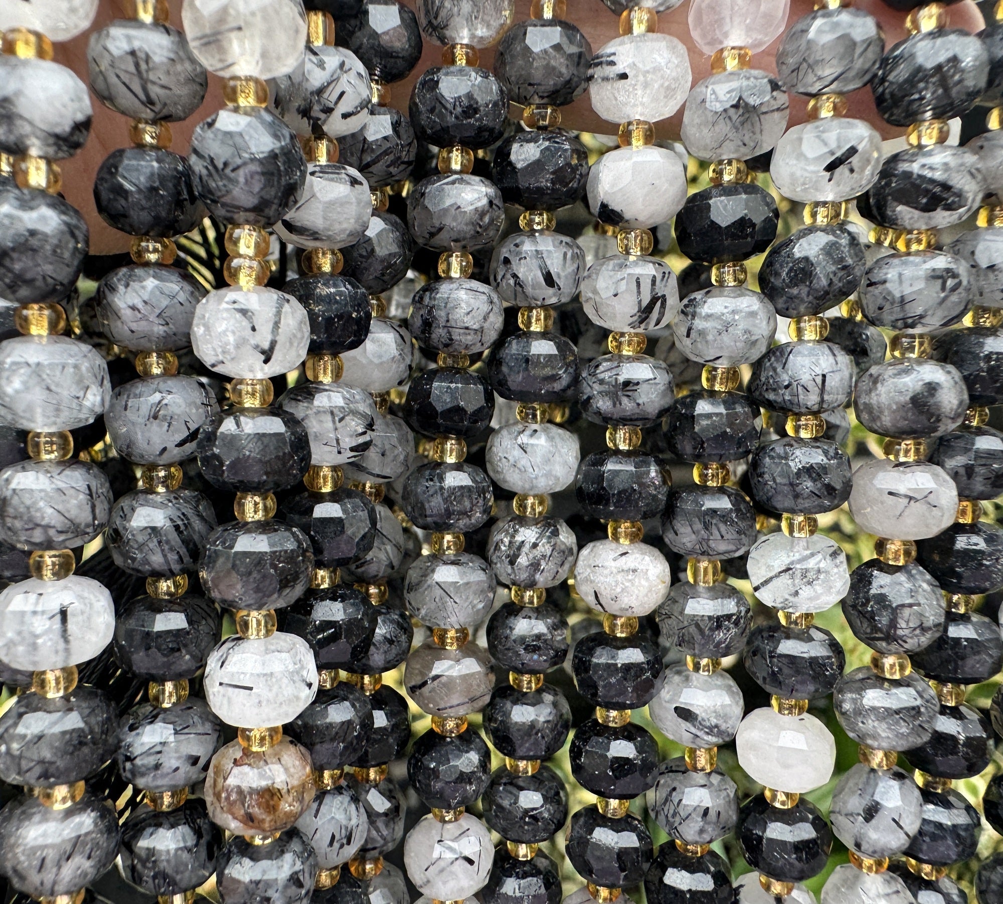 Black Rutilated Quartz 6x8mm faceted rondelle gemstone beads 38cm strand - Oz Beads