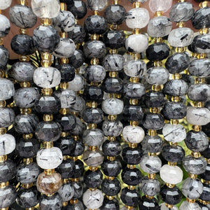 Black Rutilated Quartz 6x8mm faceted rondelle gemstone beads 38cm strand - Oz Beads