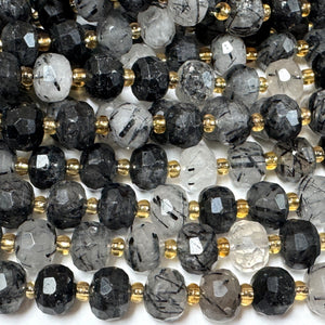 Black Rutilated Quartz 6x8mm faceted rondelle gemstone beads 38cm strand - Oz Beads