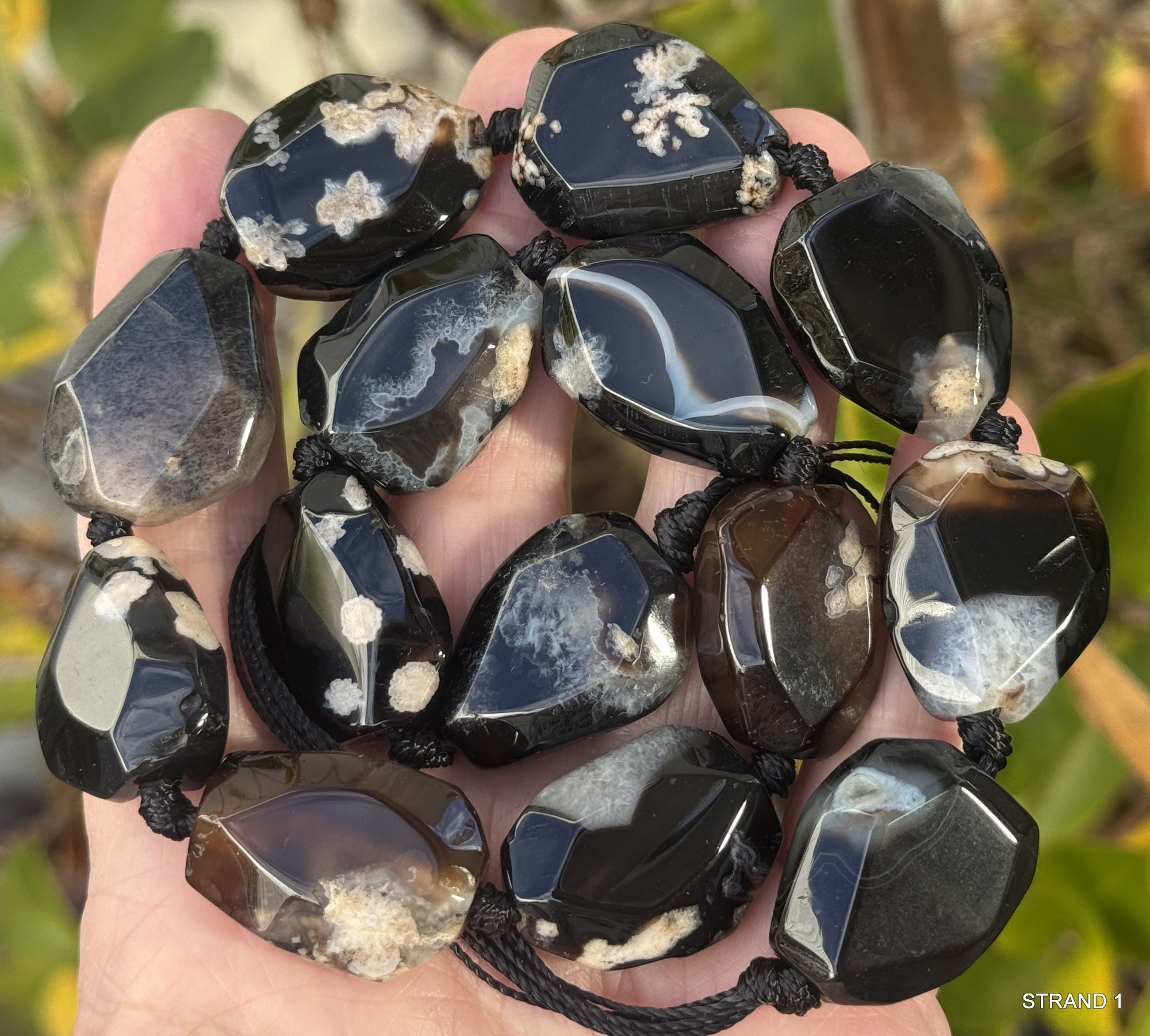 Black Sakura Agate freeform faceted natural gemstone beads full strand - Oz Beads 