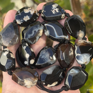 Black Sakura Agate freeform faceted natural gemstone beads full strand - Oz Beads 