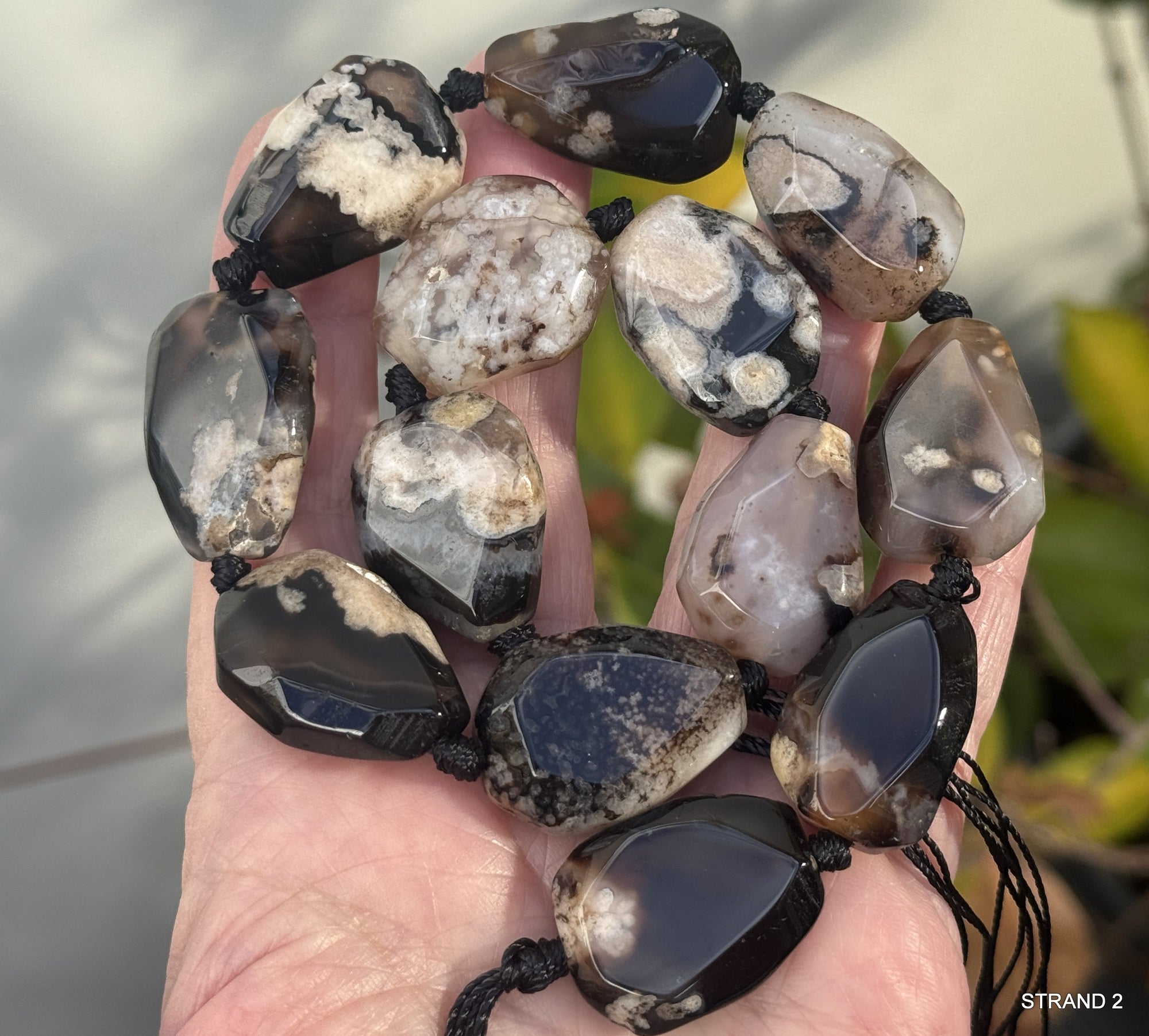 Black Sakura Agate freeform faceted natural gemstone beads full strand - Oz Beads 