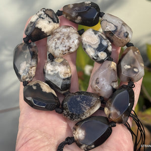 Black Sakura Agate freeform faceted natural gemstone beads full strand - Oz Beads 