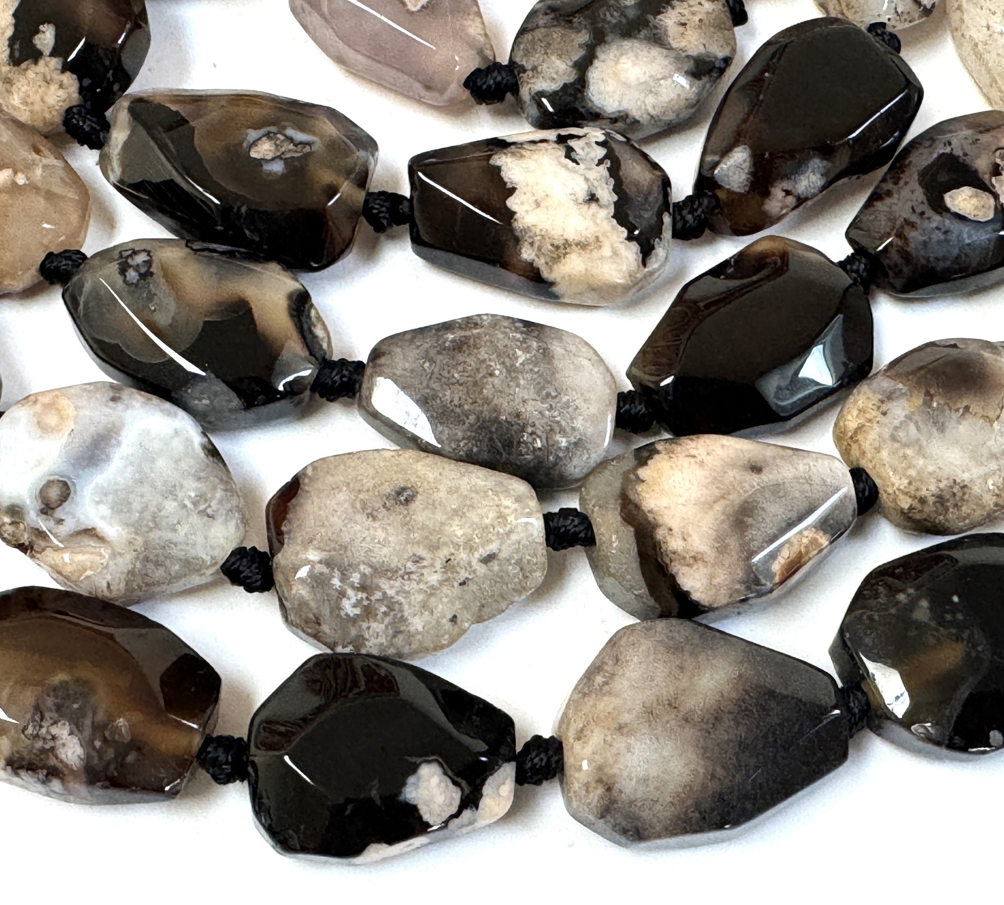 Black Sakura Agate freeform faceted natural gemstone beads full strand - Oz Beads 
