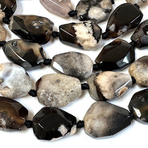 Black Sakura Agate freeform faceted natural gemstone beads full strand - Oz Beads 