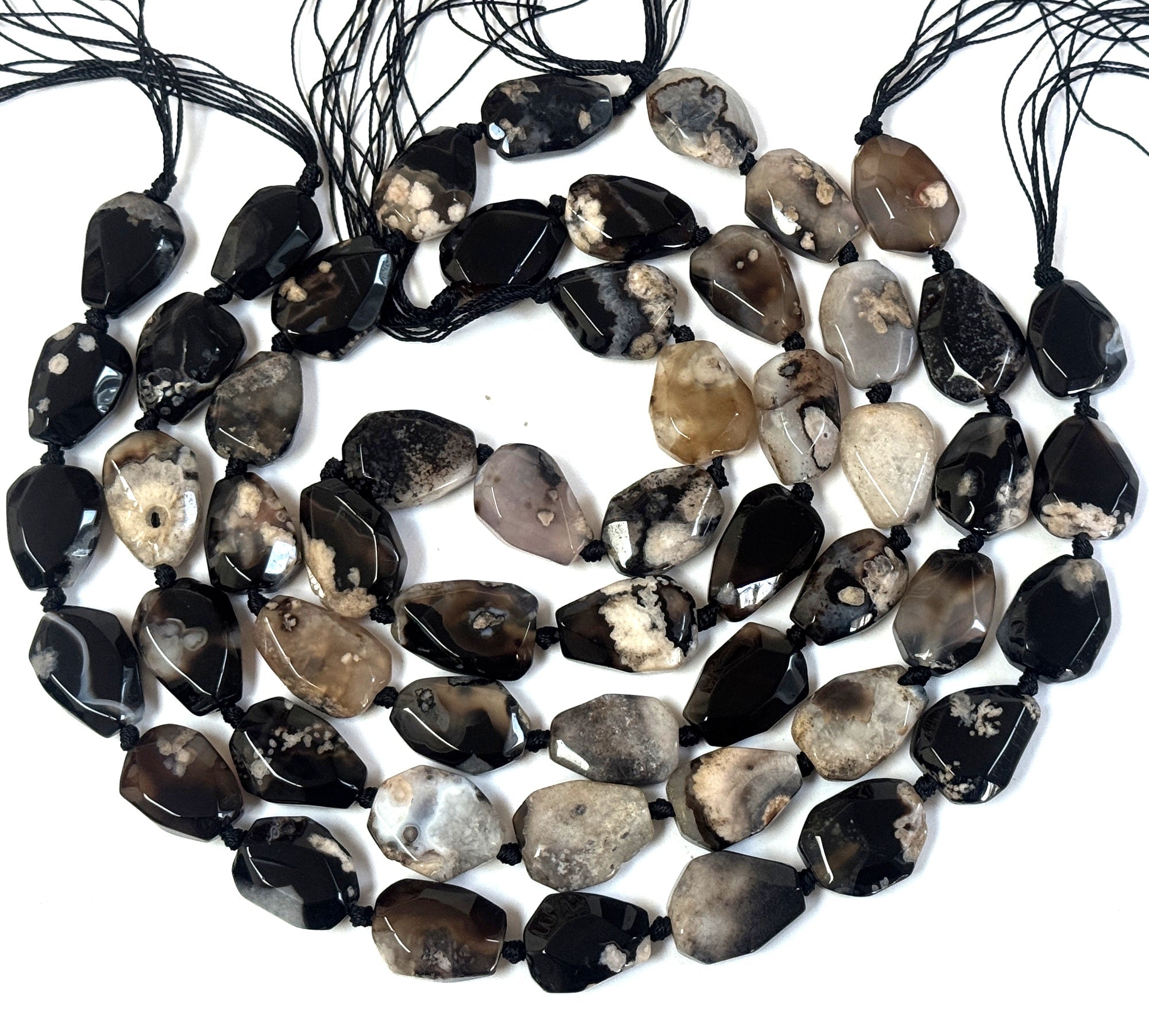 Black Sakura Agate freeform faceted natural gemstone beads full strand - Oz Beads 