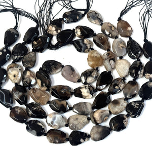 Black Sakura Agate freeform faceted natural gemstone beads full strand - Oz Beads 