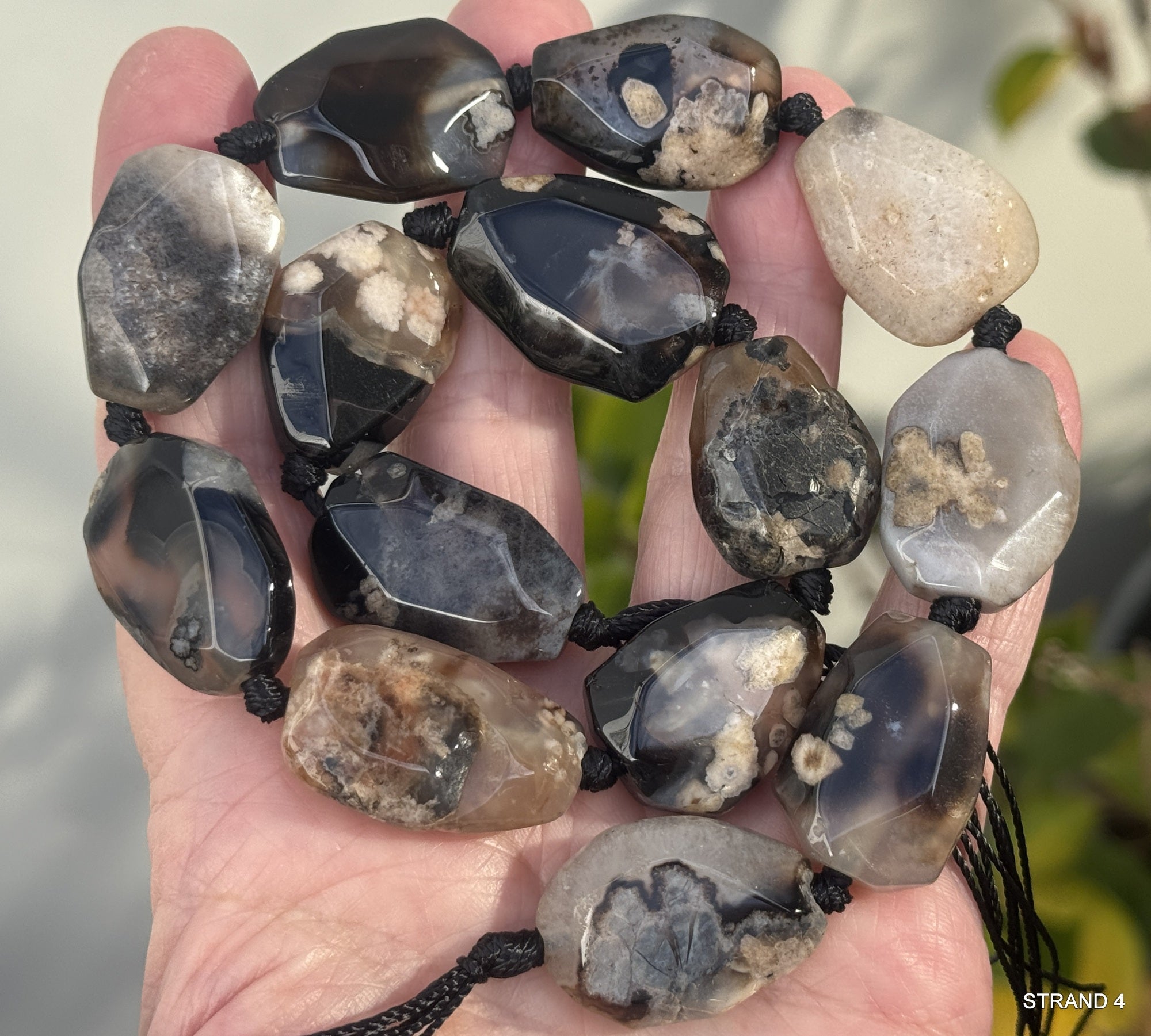 Black Sakura Agate freeform faceted natural gemstone beads full strand - Oz Beads 