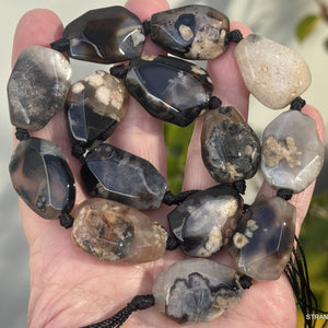 Black Sakura Agate freeform faceted natural gemstone beads full strand - Oz Beads 